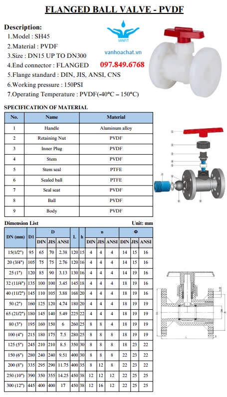 Van bi mặt bích PVDF (SH45)